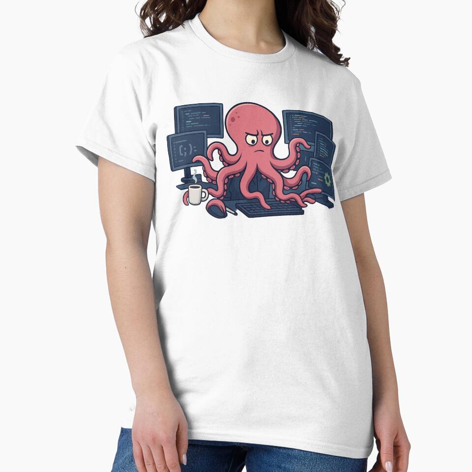I've become an octopus from too many tasks – a humorous and familiar design for programmers and tech enthusiasts by Ach&Koor