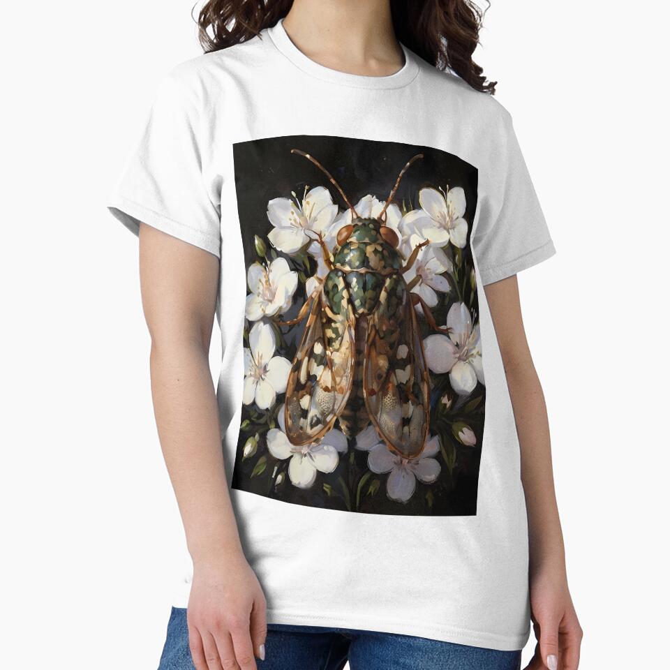 Cicada and white wild flowers - insect bug goblincore oil painting by Fantasy Cache