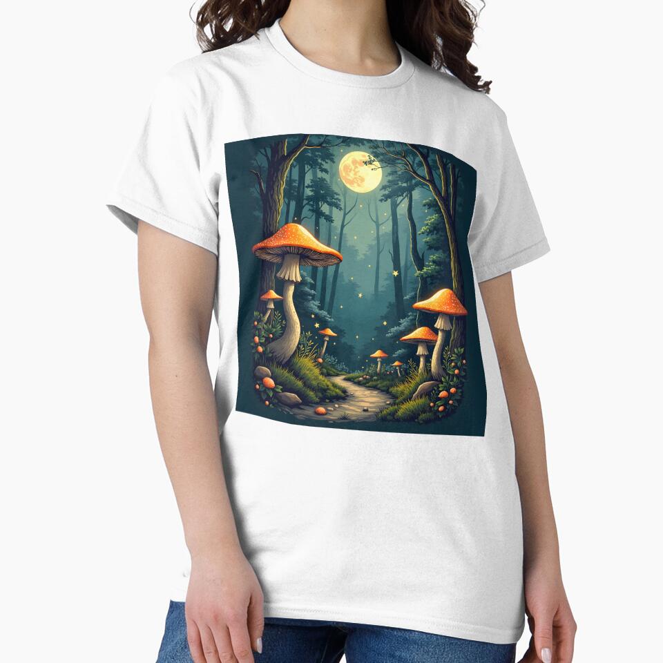 Mystical Mushroom Forest – Moon Phase Fantasy Nature T-Shirt by MilaPrintify
