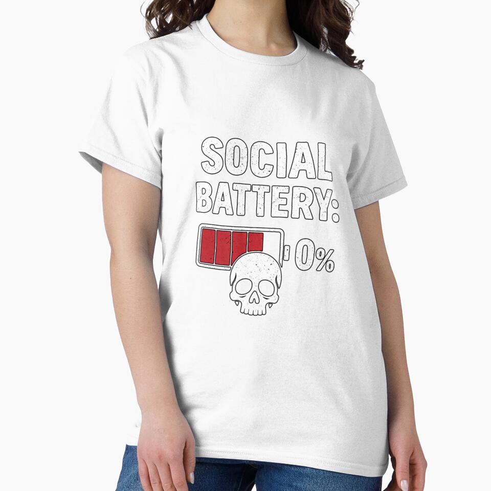 Social Battery 0% – Funny Introvert Skull Low Energy Tee by Brinevex Co.