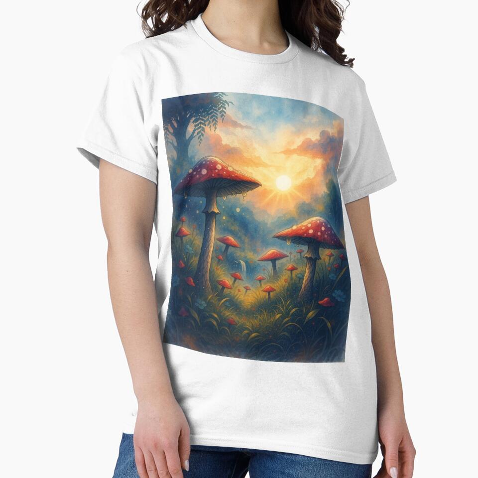 Whimsical Red Mushrooms at Sunrise – Enchanted Fantasy Forest Art by The Rogue Mark