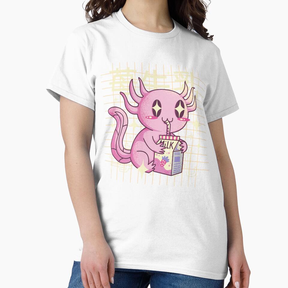 Kawaii Axolotl drinking Strawberry milk - boba tea by Paperfly Studio