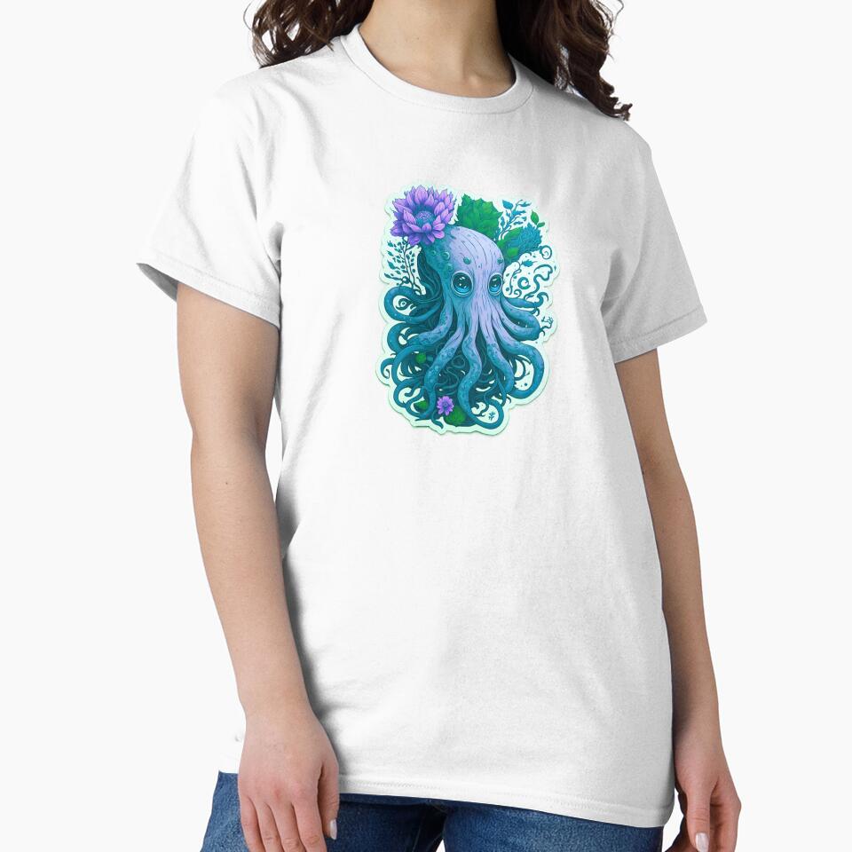 Magical Illustration Cute Light Blue Octopus Vibrant Colorful Psychedelic Pastel Flowers Sad Eyes by SassyArtistry
