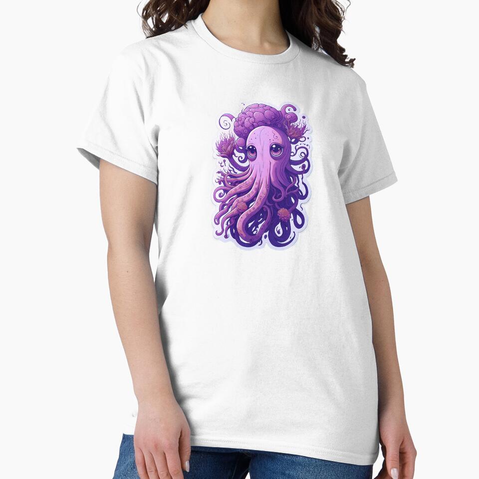 Magical Illustration Cute Purple Octopus Vibrant Colorful Psychedelic Pastel Flowers Big Sad Eyes With Mushroom head by SassyArtistry