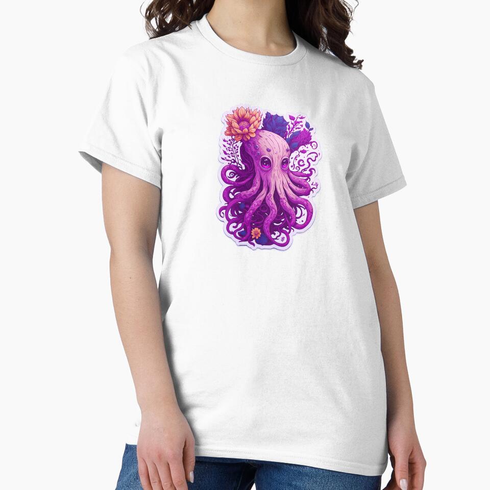 Magical Illustration Cute Pink Octopus Vibrant Colorful Psychedelic Pastel Flowers Sad Eyes by SassyArtistry
