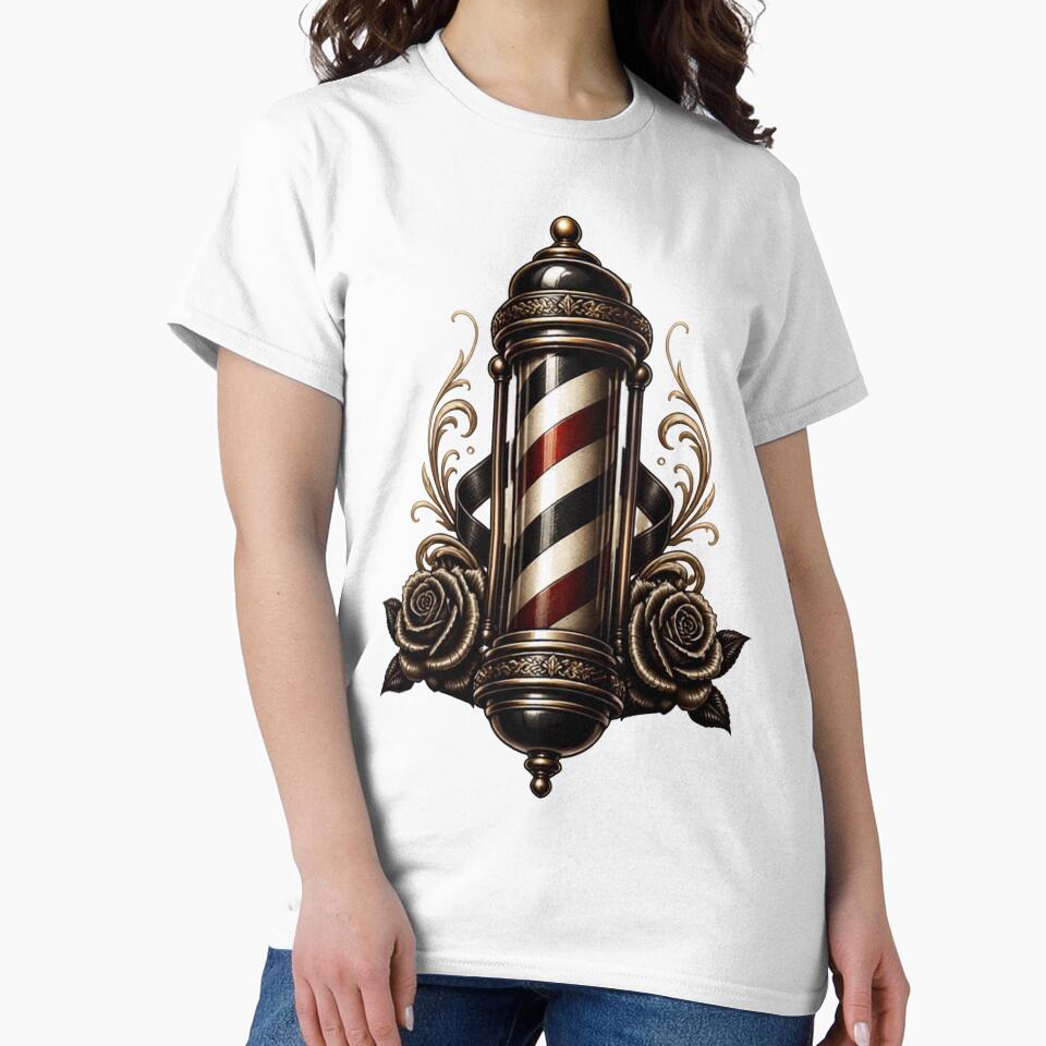 Traditional Barber Pole Tattoo Emblem with Vintage Roses by Barber MD Culture