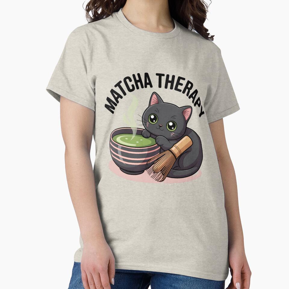 Matcha Therapy Cute Black Cat Matcha Lover T-Shirt by Raw Tigers