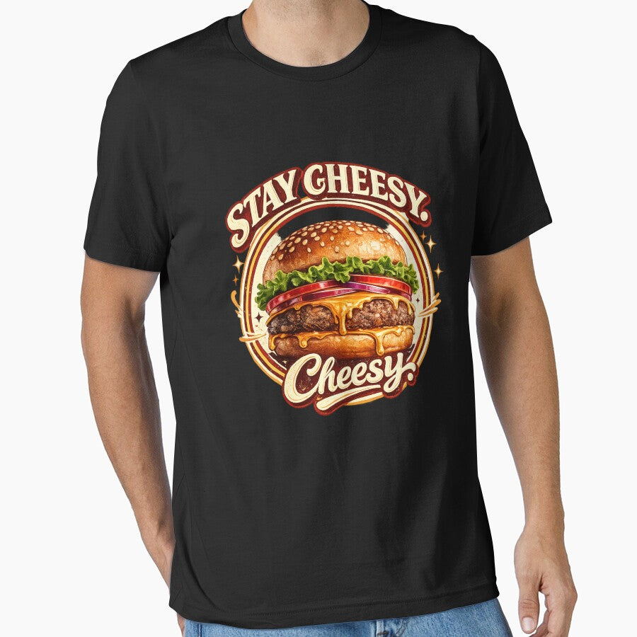 Stay Cheesy: Retro Circular Badge Cheeseburger Vintage Typography by irfanshikh