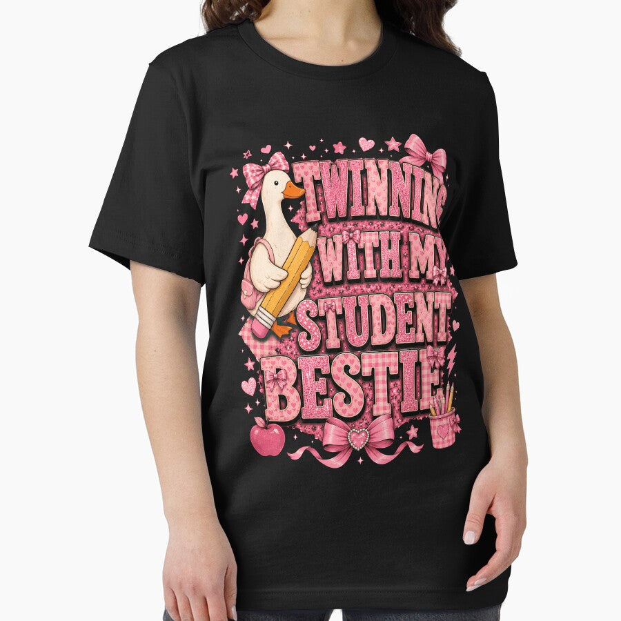 Twinning With My Student Bestie Shirt, Matching Teacher Student Tee, Pink Coquette Classroom Outfit, Teacher Appreciation Gift by THREE LITTLE BEANS