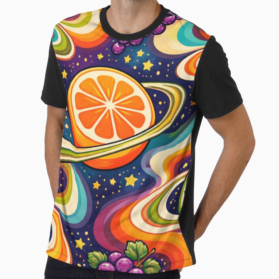 AI Cosmic Fruit Psychedelic Pattern – 70s Retro Orbit Design by Cleora Art