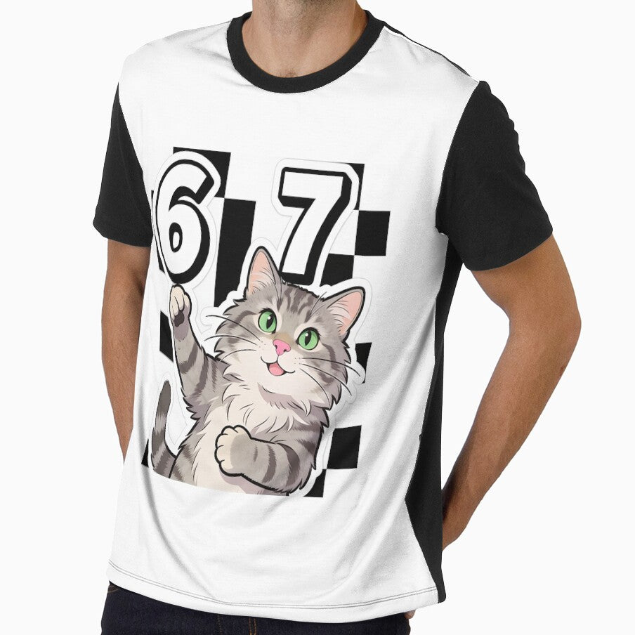 Cute Gray Tabby Cat Pointing at 67 Meme Funny Cartoon Sticker by OksArtStudio