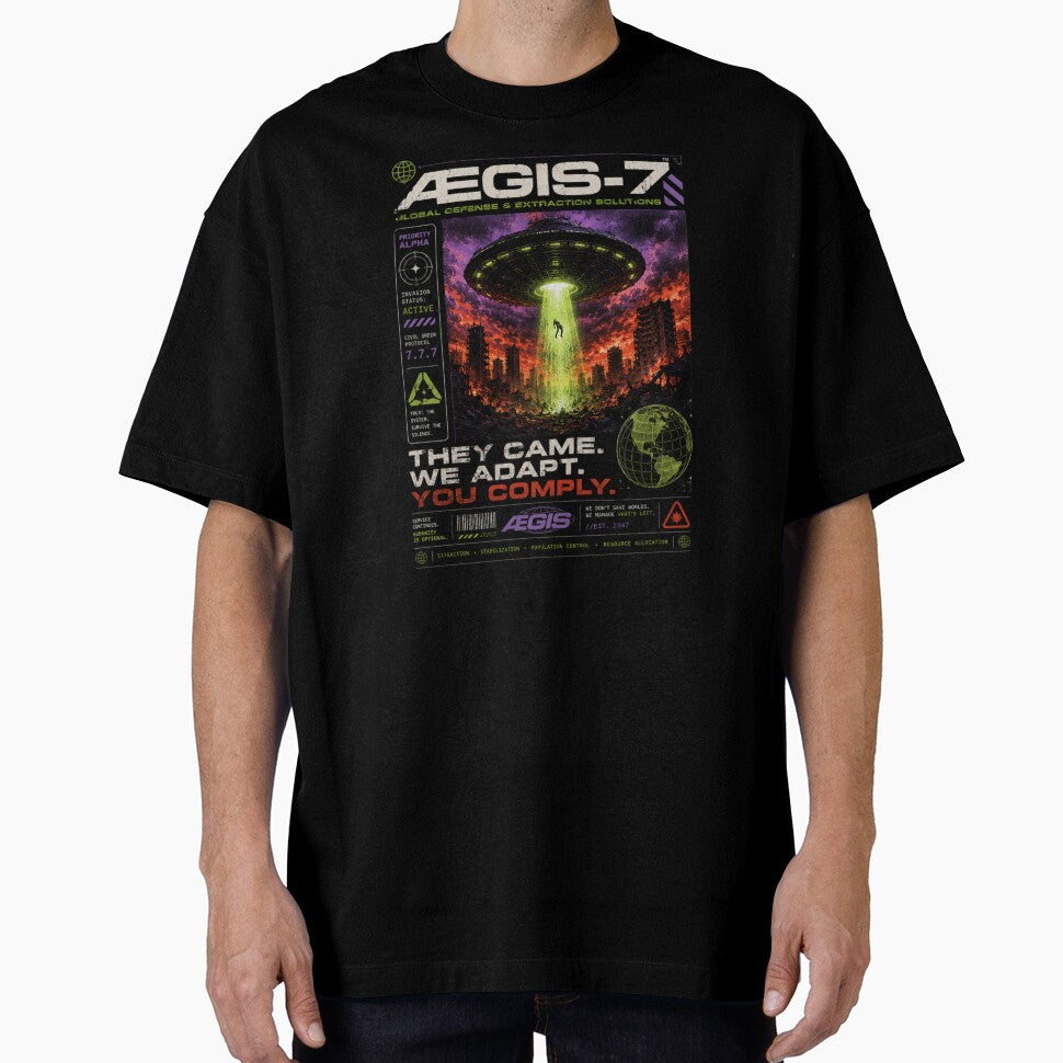 AEGIS-7 Alien Invasion Sci-Fi Dystopian Poster Style T-Shirt by TheClockOutClub
