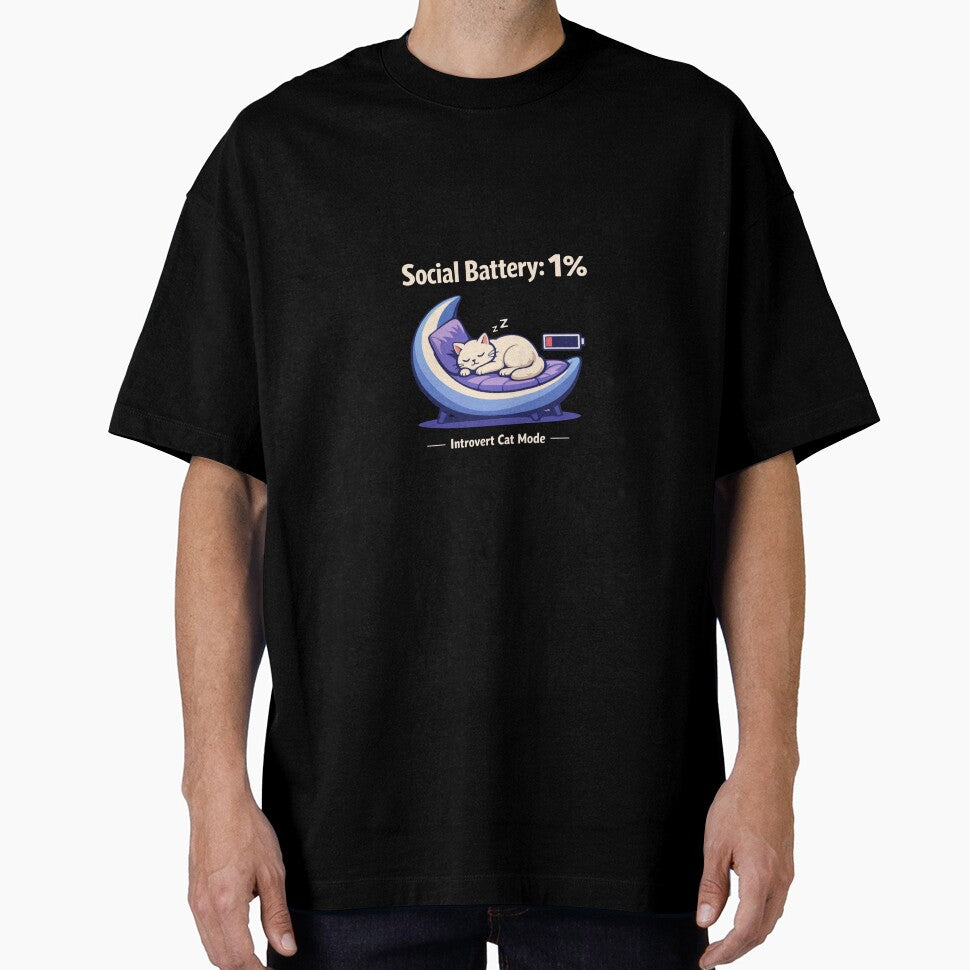 Social Battery 1% – Introvert Cat Mode Funny Sleeping Cat T-Shirt by Cozy Cat Collective