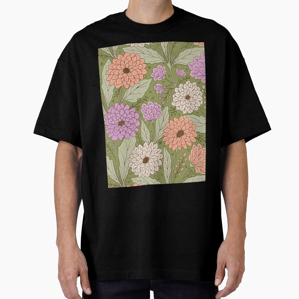 Dahlia garden in olive green by Illustrated by Nat