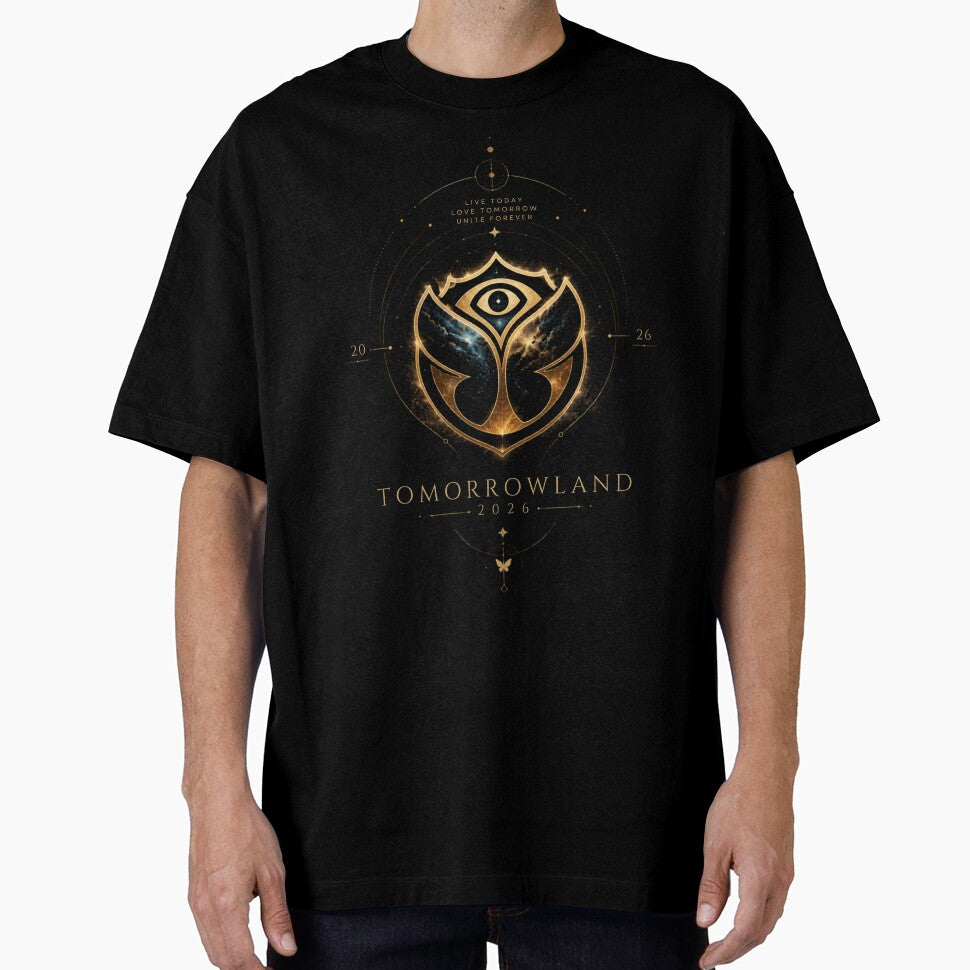 Tomorrowland 2026 Cosmic Gold Logo Design | Live Today Love Tomorrow Unite Forever | EDM Festival Shirt by TropicalFeelin'