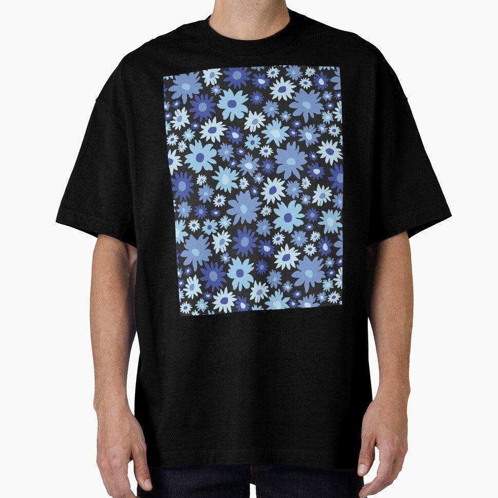 RETRO GROOVY AND FUN FLOWERS BLACK AND BLUE by blomastudios
