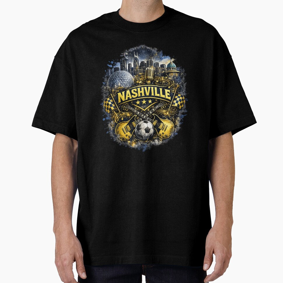Nashville Soccer Crest Design – Music City Football Artwork, Guitar Sports Graphic, Nashville Fan Apparel, USA Soccer Design by GarnerSupplyCo