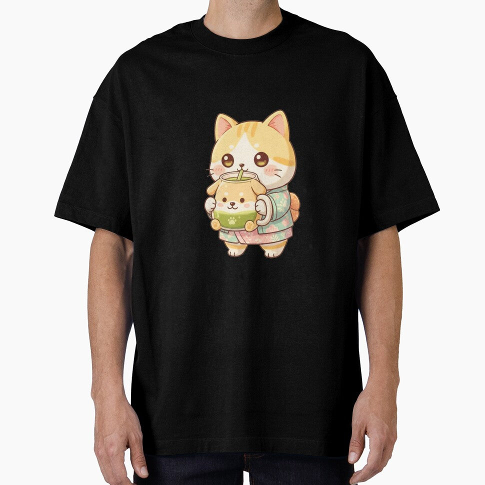 Kawaii Cat Drinking Matcha by SakuraVibes