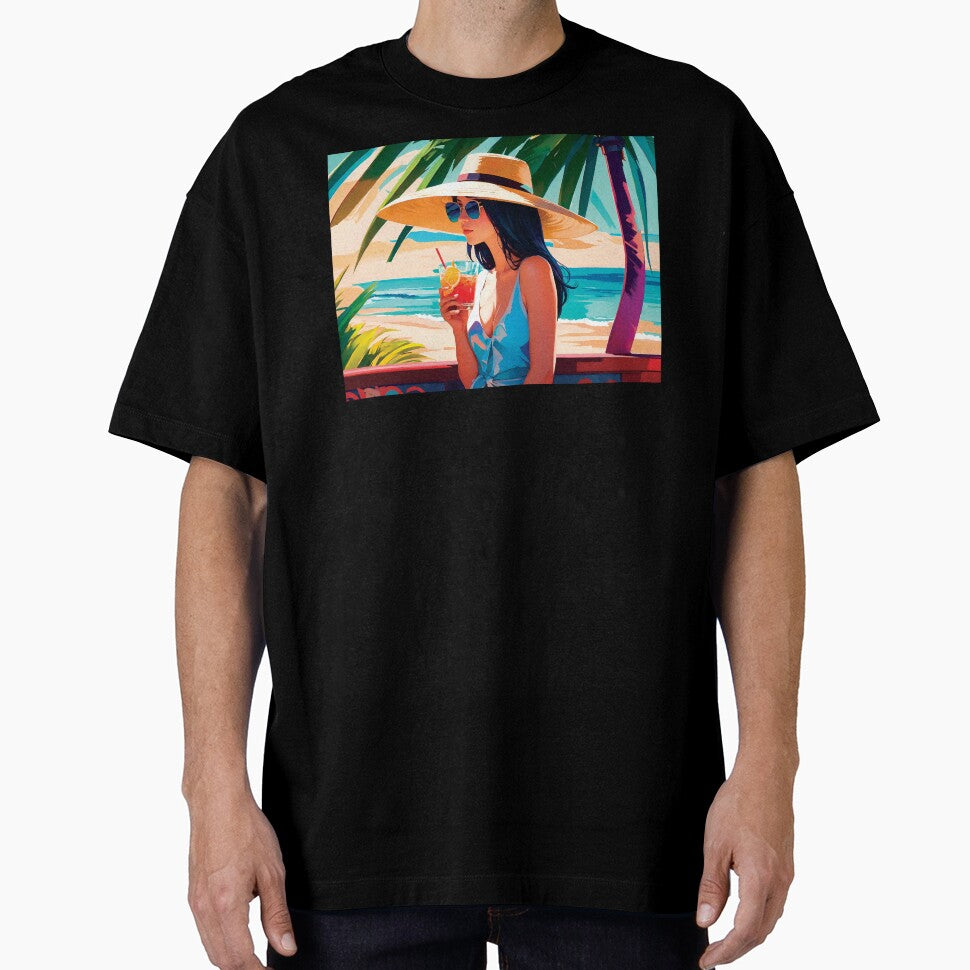Stylish Vacation Girl In Summer Dress Enjoying Holidays On A Beach Drinking Under A Palm Tree Simplistic Poster by TriniTeeClub