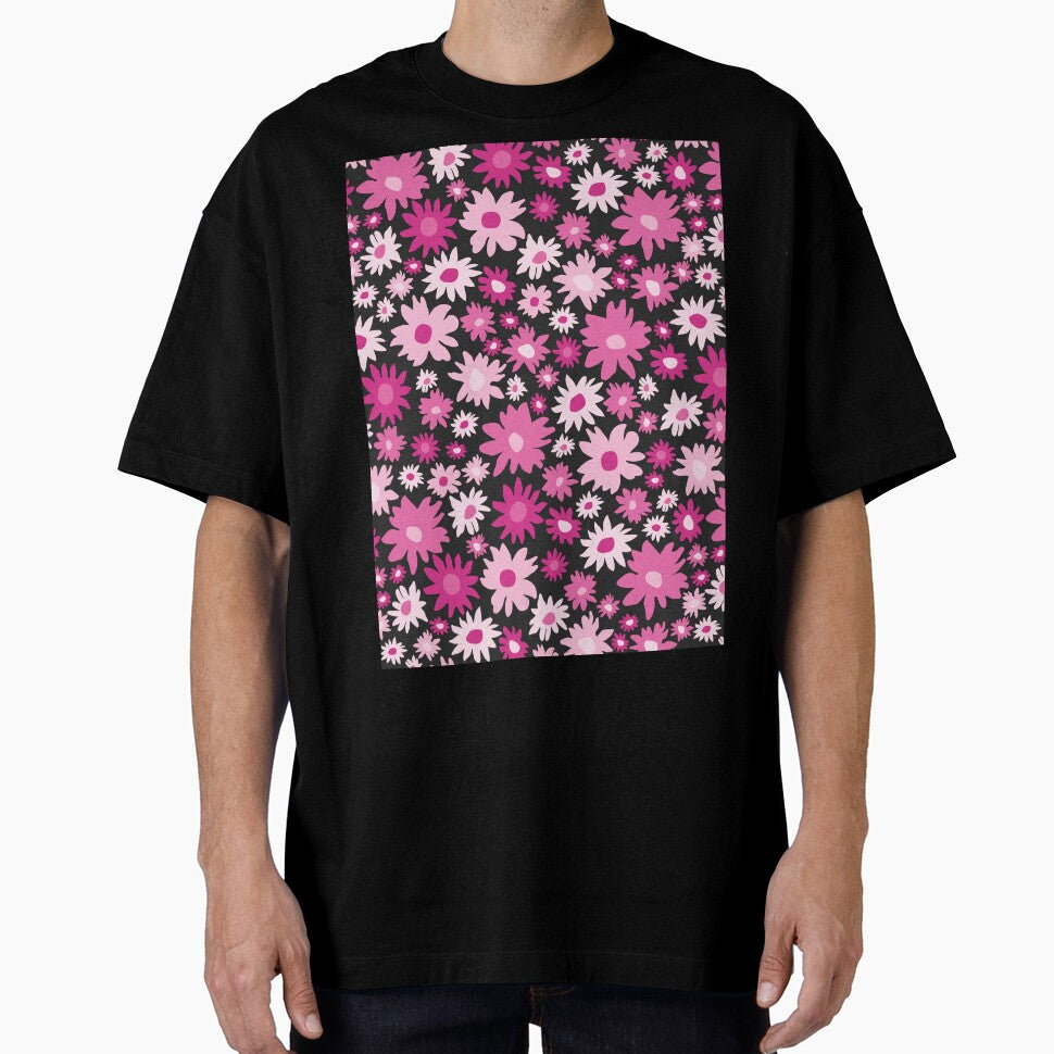 RETRO GROOVY AND FUN FLOWERS BLACK AND PINK by blomastudios