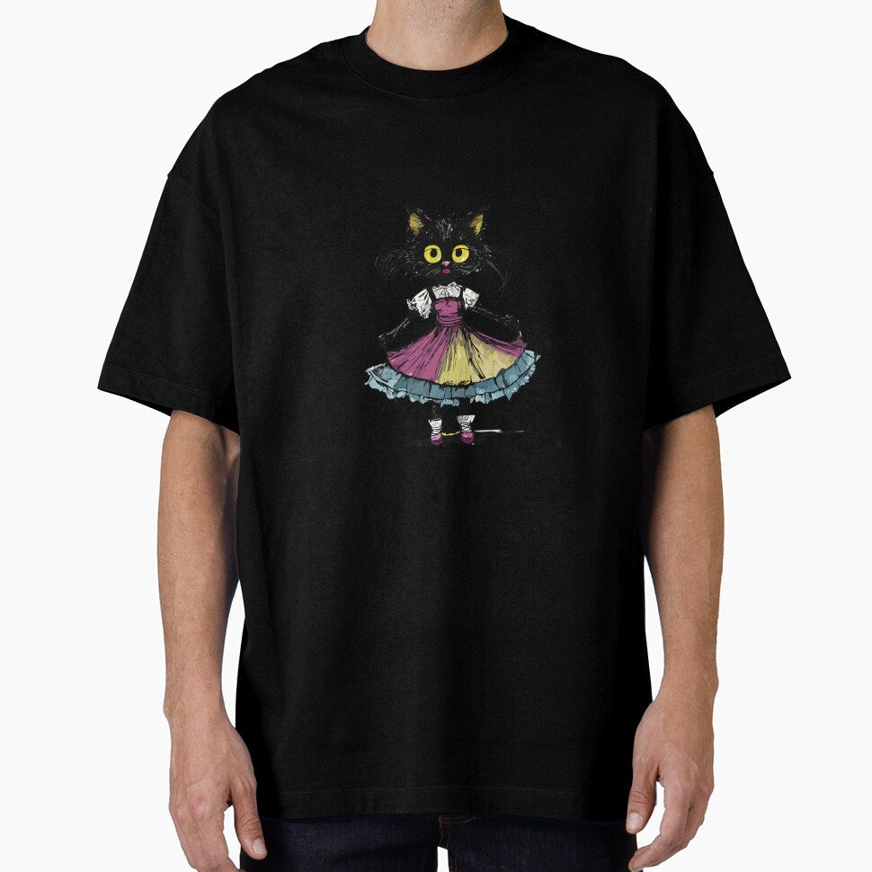 small black cat grumpy with thin legs in a dress by Firas Aljazzar