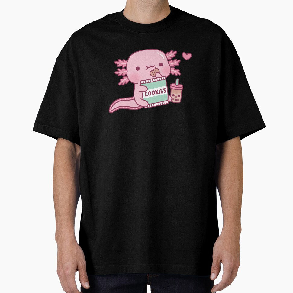 Cute Axolotl Snacks On Cookies And Bubble Tea by rustydoodle