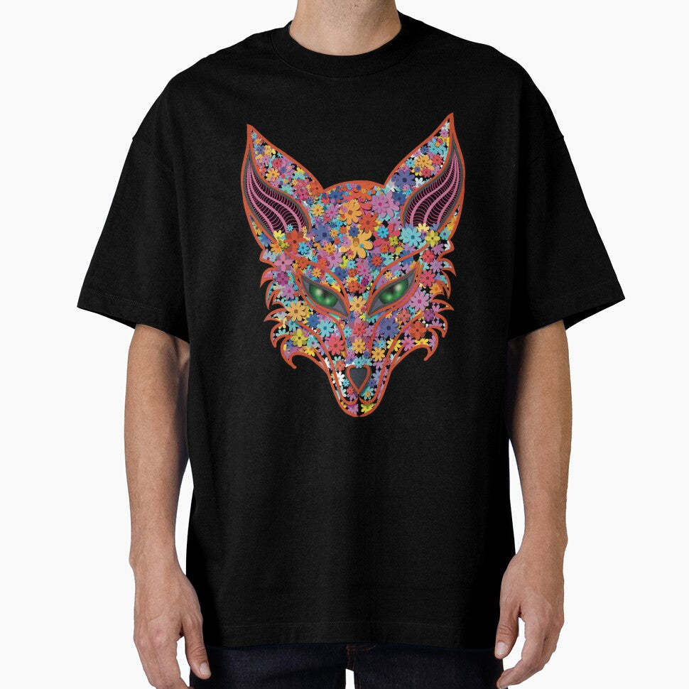 Floral Fox Art – Vibrant Flower Fox Head with Green Eyes by Elizarfa
