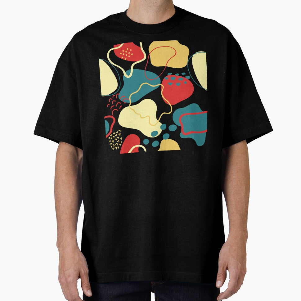 Mid century abstract shapes pattern (red, yellow and blue on white background) by Chinxi