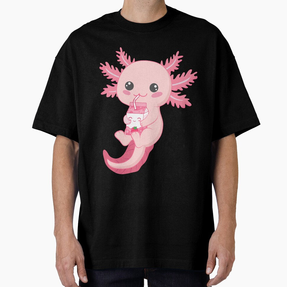 Cute Kawaii Doodle Axolotl Drinking Milk Boba Strawberry Tea, Axolotl Stickers, Bubble tea stickers, by Duundeed