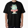 Cute Kawaii Frog Sitting on Mushroom with Flower Pastel Art by LYZ7VANI
