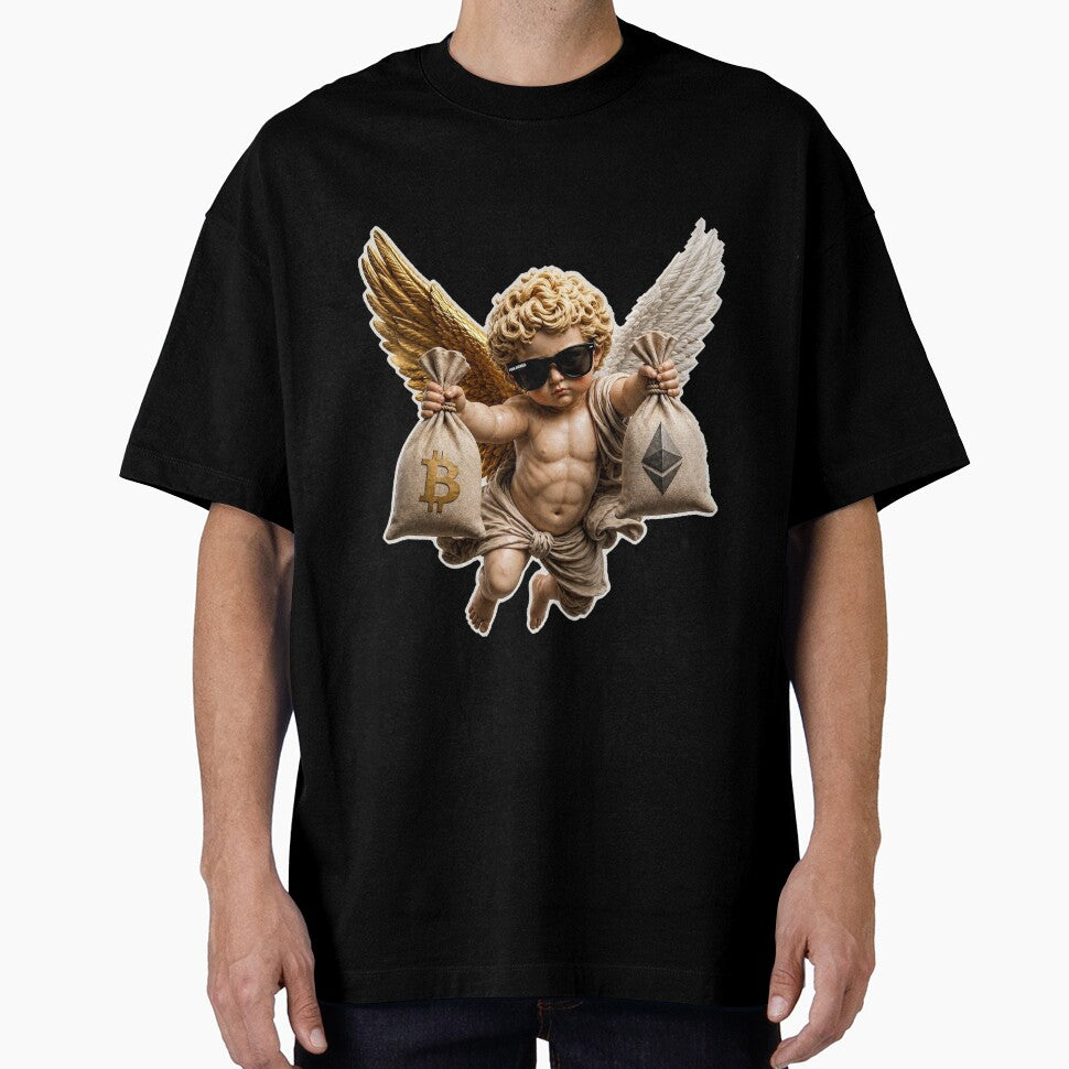 Crypto Angel T-Shirt & Sticker – Bitcoin Ethereum Cherub Design by Puraenergia Stickers