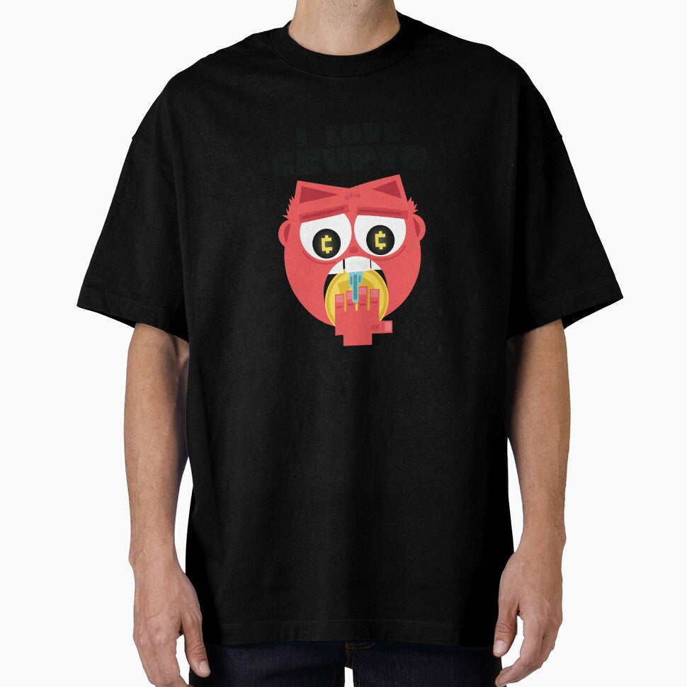 I Love Crypto Devilish Emoji Face Eating Cryptocurrency Coin Funny Animated Design by doseofwin