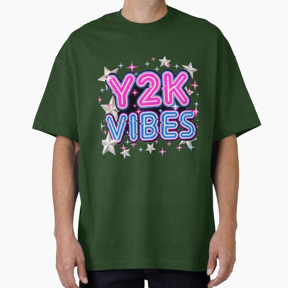 Y2K Vibes Neon Glitch Typography Retro T-Shirt by CryptoCactus