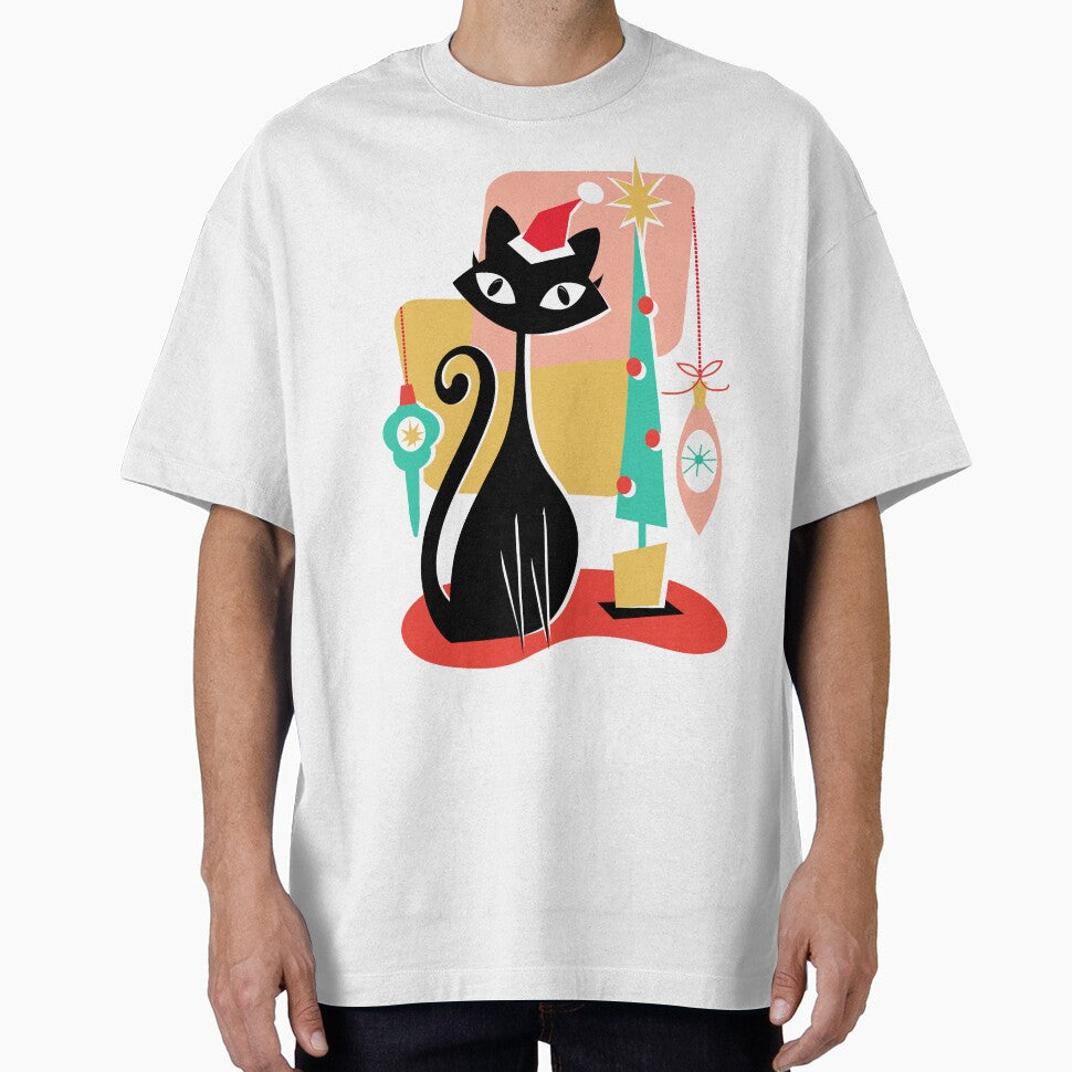 Vintage retro MCM Mid Century modern with black kitty cat and festive Tree and ornaments by Jdawnink