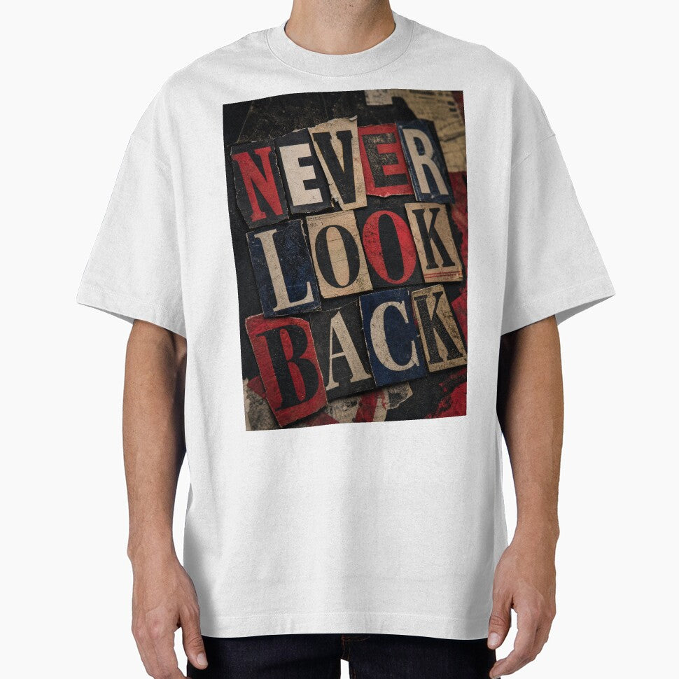 NEVER LOOK BACK, Distressed Typography Collage, Moody Grunge Motivational Art by Jandedan