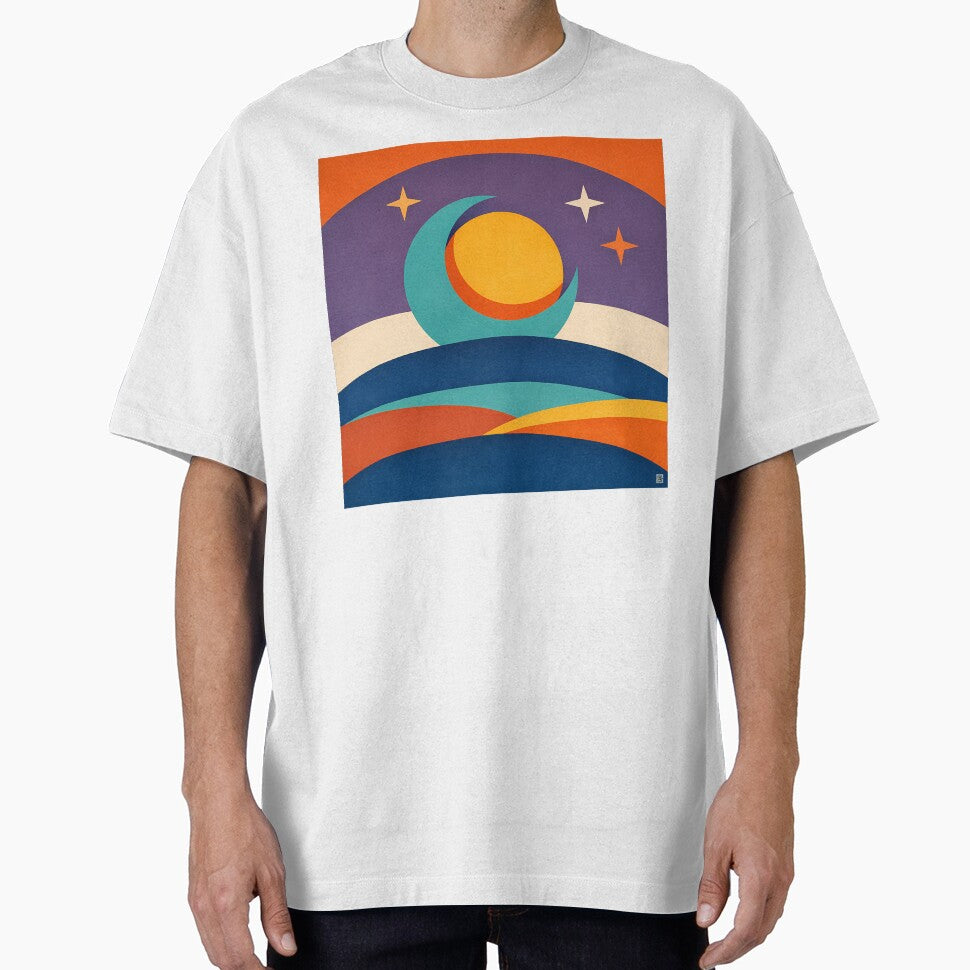 Sun and Moon Over Layered Cosmic Hills by InkSmithery