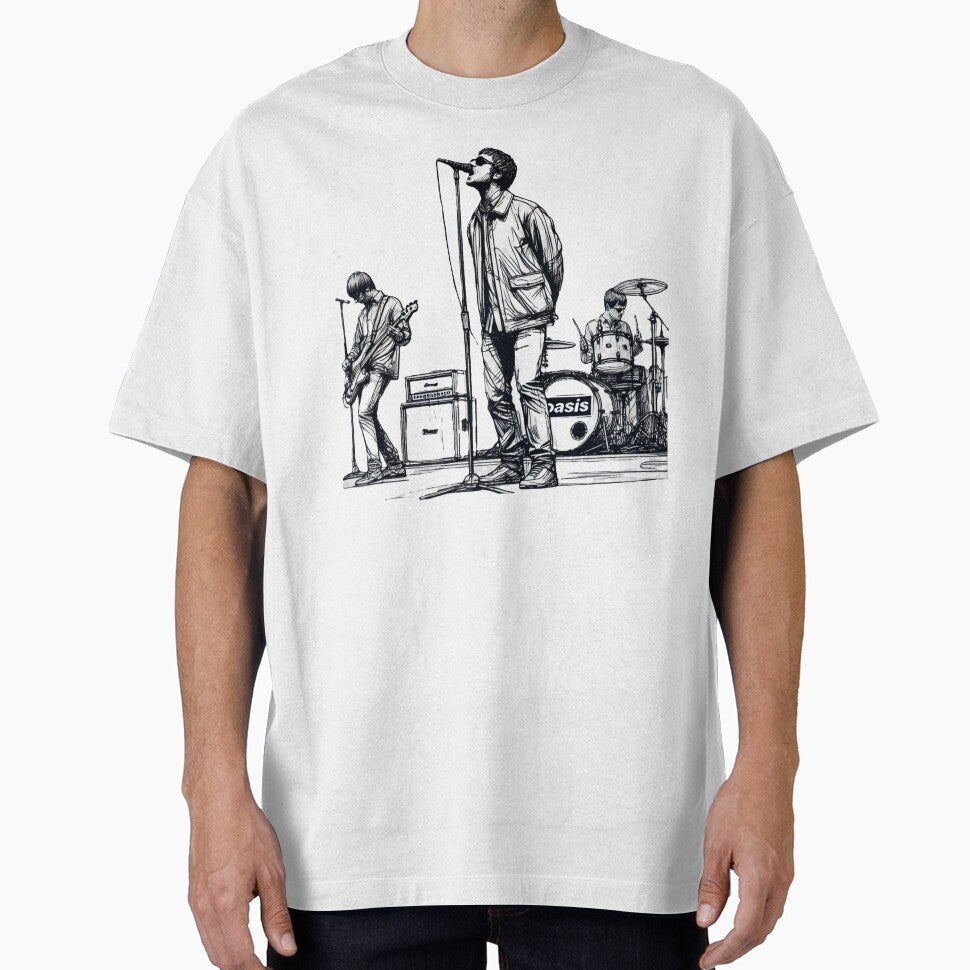 Minimalist Line Art of Oasis Performing – Retro Britpop Band Design by SmartProof Branding
