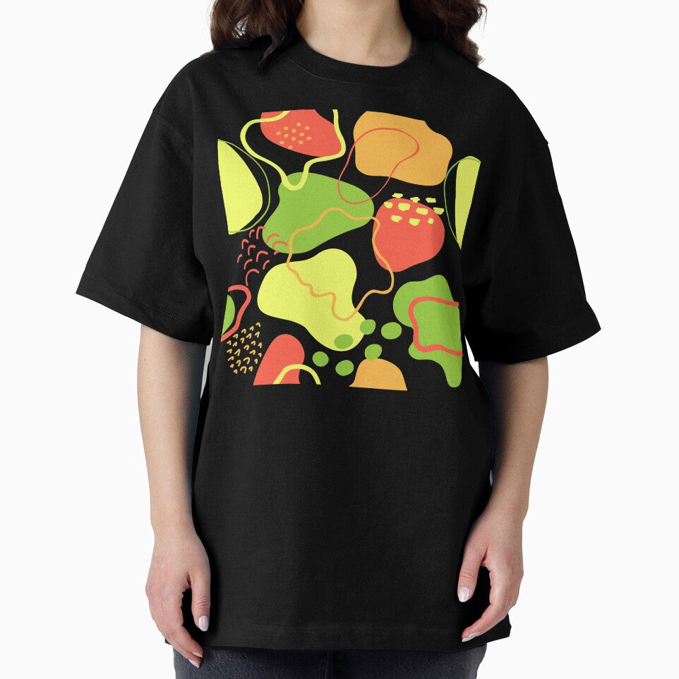 Mid century abstract shapes pattern (pastel red, orange, yellow and green on white background) by Chinxi