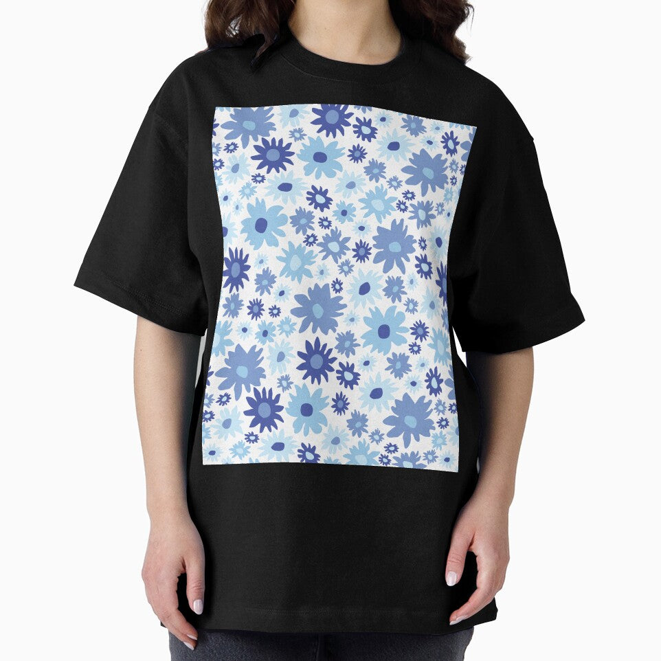 RETRO GROOVY AND FUN FLOWERS WHITE AND BLUE by blomastudios