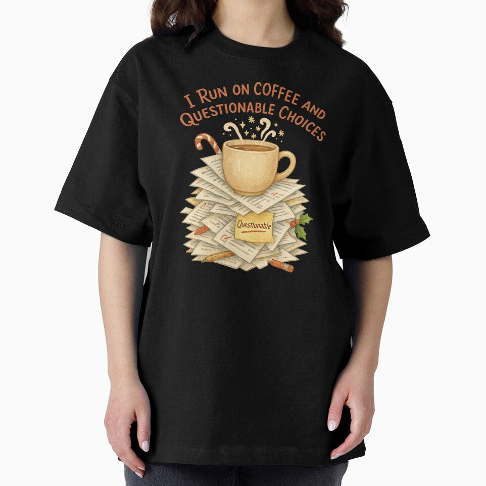 I Run on Coffee and Questionable Choices | Funny Teacher Christmas Coffee | Grading Papers Humor Watercolor Design by Just You Tee | Say It Loud, Wear It Proud