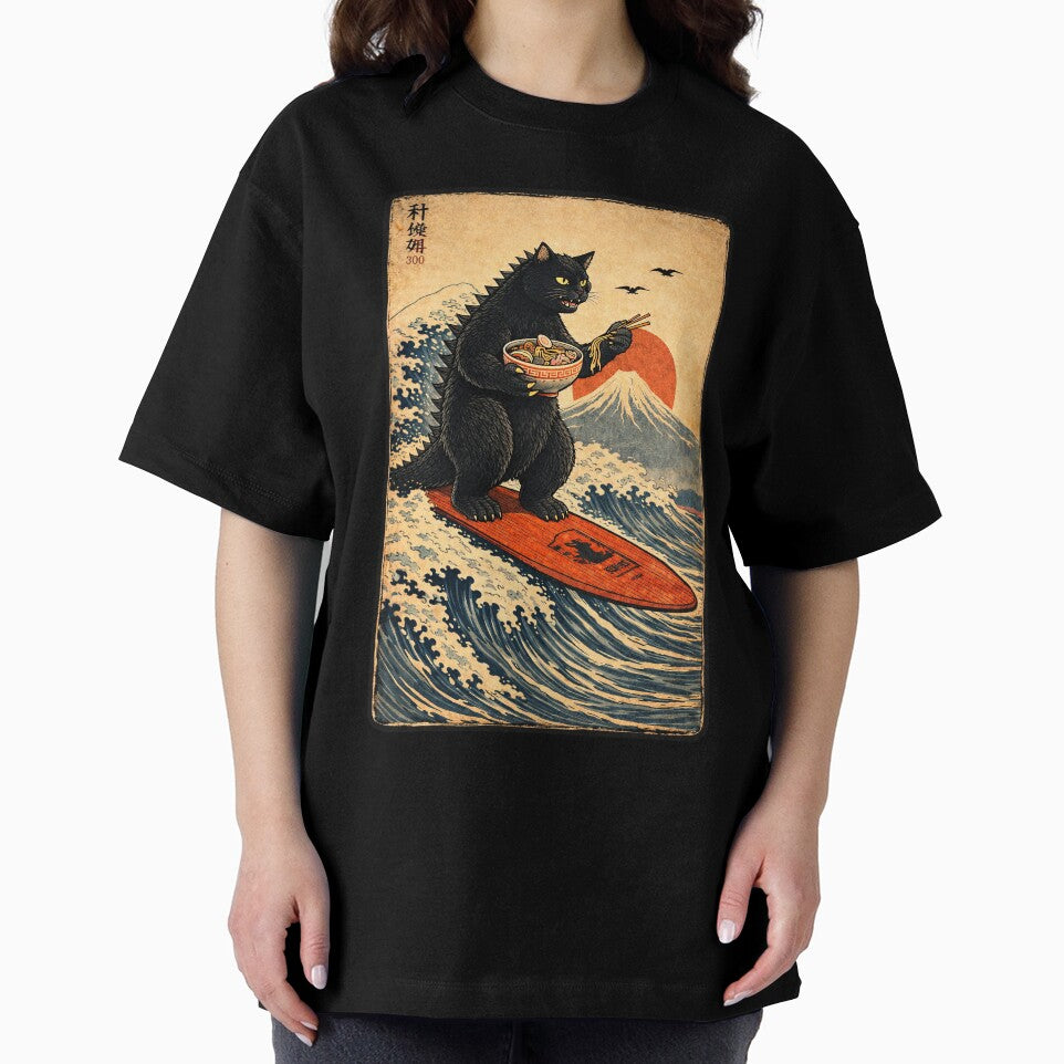 Catzilla Surfing the Great Wave whilst eating ramen noodles by keytee