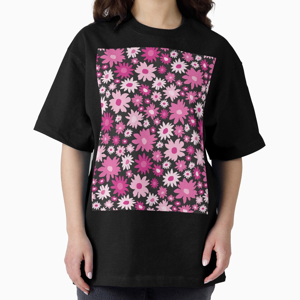 RETRO GROOVY AND FUN FLOWERS BLACK AND PINK by blomastudios