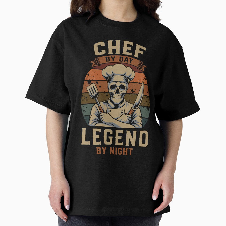 Chef By Day Legend By Night Skull Chef Vintage Retro Cooking T-Shirt Design by phsycartwork