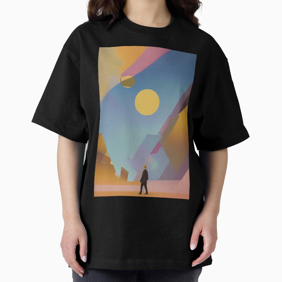 Man walking in a modern abstract art landscape. by angelisart