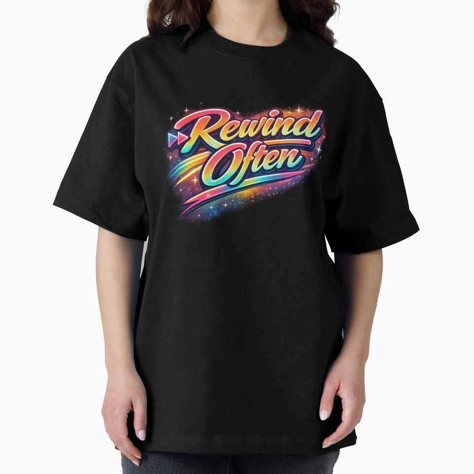 Rewind Often – Retro 80s Rainbow Neon Script (VHS Vibes) by All I Need Designs