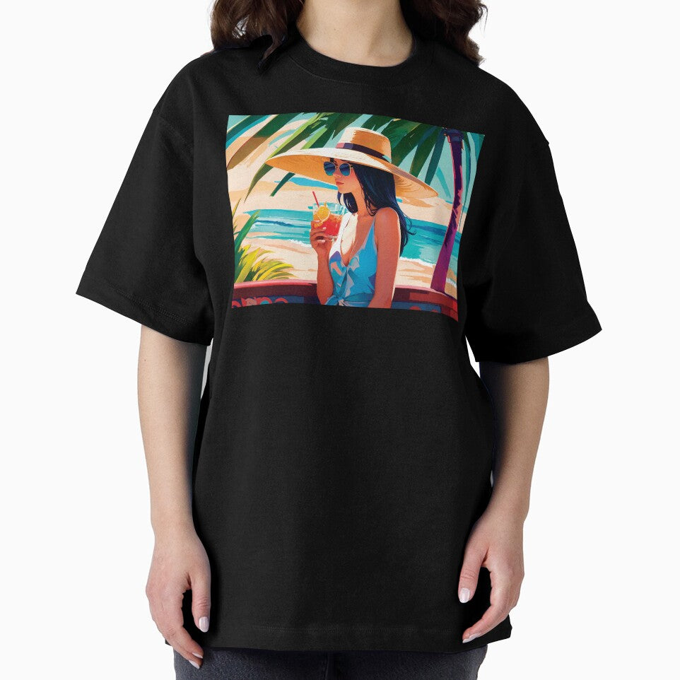 Stylish Vacation Girl In Summer Dress Enjoying Holidays On A Beach Drinking Under A Palm Tree Simplistic Poster by TriniTeeClub