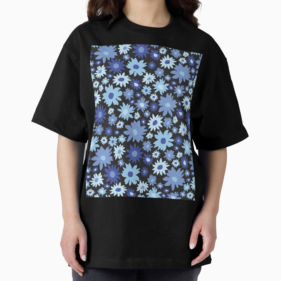 RETRO GROOVY AND FUN FLOWERS BLACK AND BLUE by blomastudios