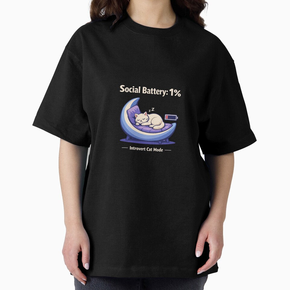 Social Battery 1% – Introvert Cat Mode Funny Sleeping Cat T-Shirt by Cozy Cat Collective