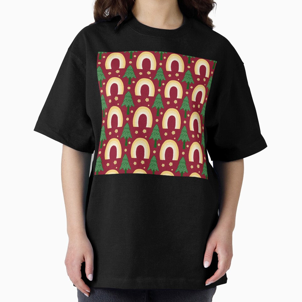 Yellow Rainbow & Christmas Tree Pattern on Red Background by Teenidesign