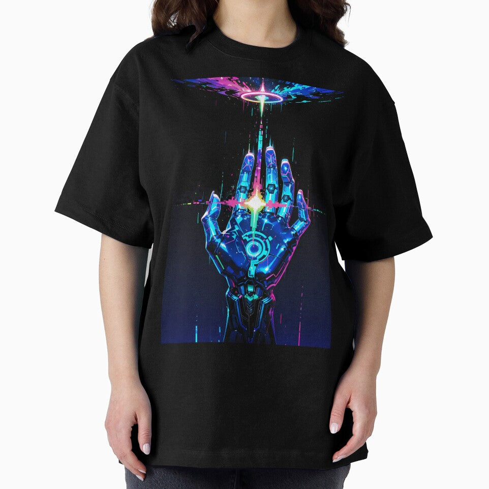 Cybernetic Hand Reaching for Neon Energy Portal – Sci-Fi Tech Glitch Art by Xynith